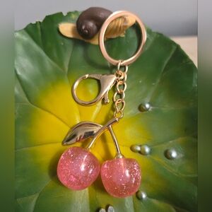 Gold Cherry Keychain Bag Charm with Pink Glitter Cherries, NEW